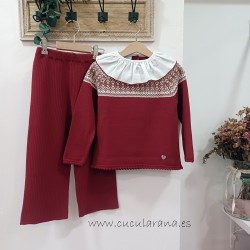 Conjunto niña de punto granate cuello