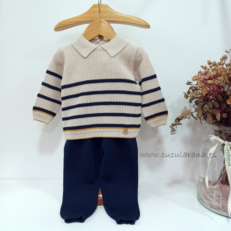 Conjunto niño jersey rayas y pantalón punto azul