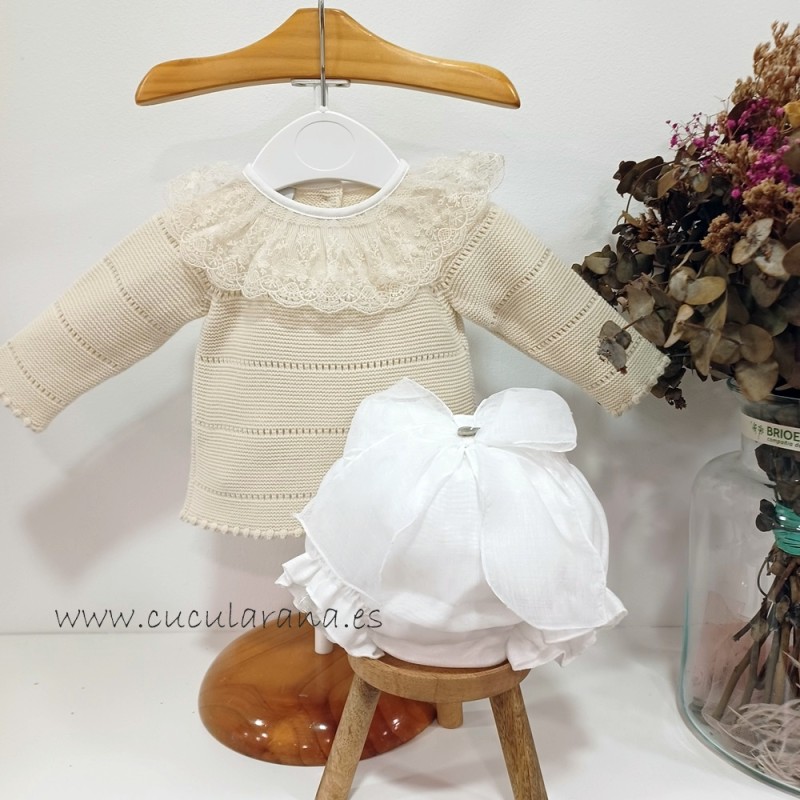 Conjunto bebe lencero crema